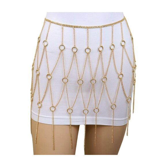 Women Gold Metal Chain Circle Rings Skirt Long Tassel Sexy Belt High Waist S M - Picture 6 of 17